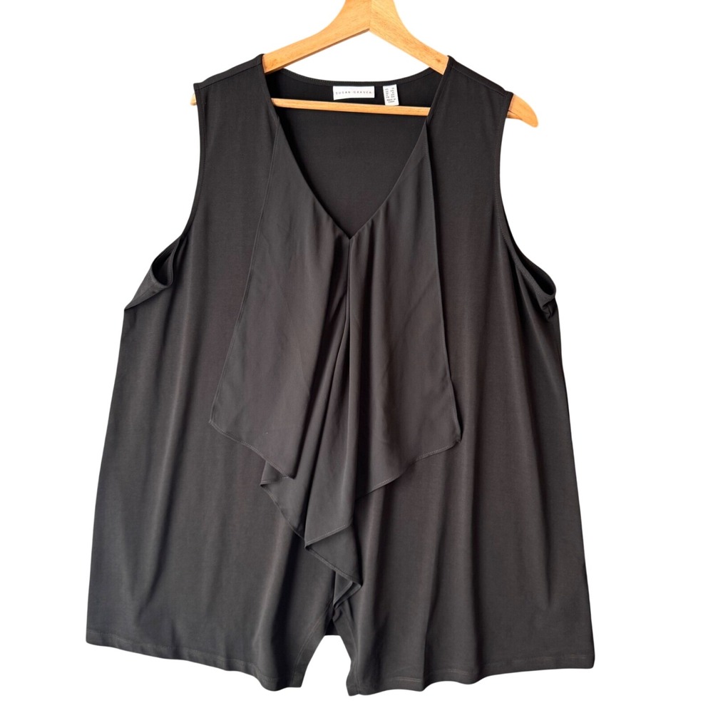 Susan‎ Graver Liquid Knit Top Womens 1X Black Drape Front Flowy Plus